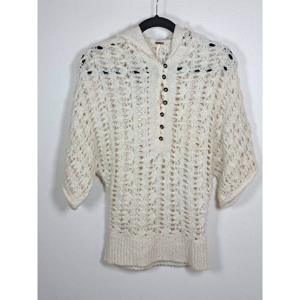 Free People Sweater Hoodie Size‎ X-Small  Ivory  Chunky Open Knit Boho Pullover